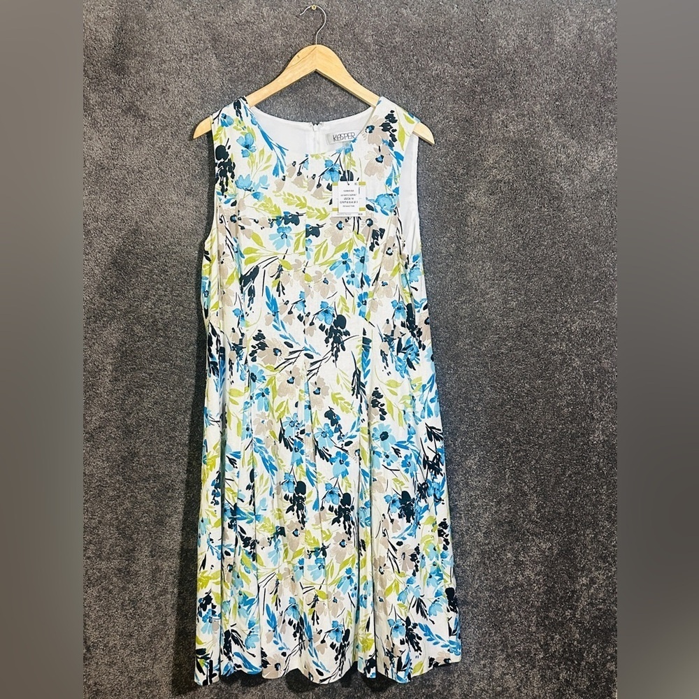 Kasper Floral A-Line Dress Linen Blend Blue Green 14 Cottagecore